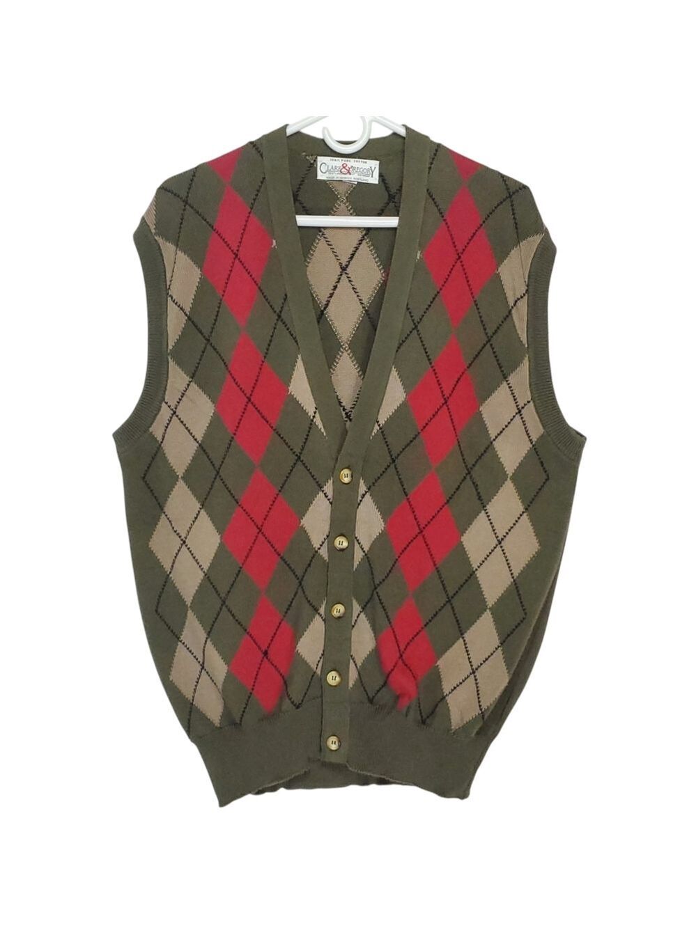 7596 * Clark & Gregory Argyle Sweater Vest Olive Green Red Size L Scotland